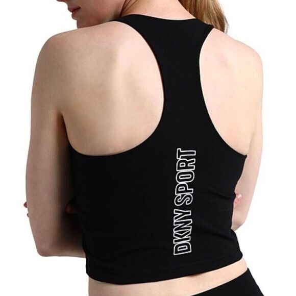 DKNY SPORT - MWT - L Sz XL Racerback Metallic Logo Cropped Tee in Black - Picture 7 of 15